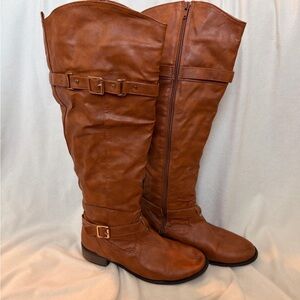 Tan Knee High Faux Leather Boots